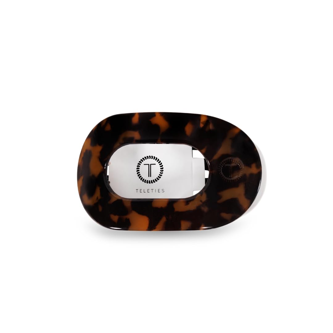 TELETIES - Medium Flat Round Clip - Strong Grip, Bendable Teeth, Comfortable Curved Design - For Lying Down, Yoga, Driving & More - Ideal for Medium-Thick Hair - For All Hair Textures - Tortoise