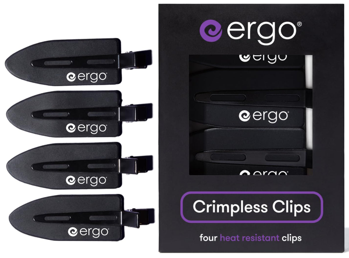 ERGO No-Crease Hair Clips – 4 Pcs Heat-Resistant Crimpless Clips for Hair Styling, Sectioning, Makeup | No Bend Clips for Women, Curls, Bangs, Salon Use