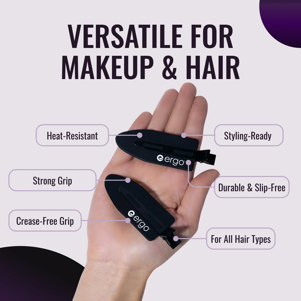ERGO No-Crease Hair Clips – 4 Pcs Heat-Resistant Crimpless Clips for Hair Styling, Sectioning, Makeup | No Bend Clips for Women, Curls, Bangs, Salon Use