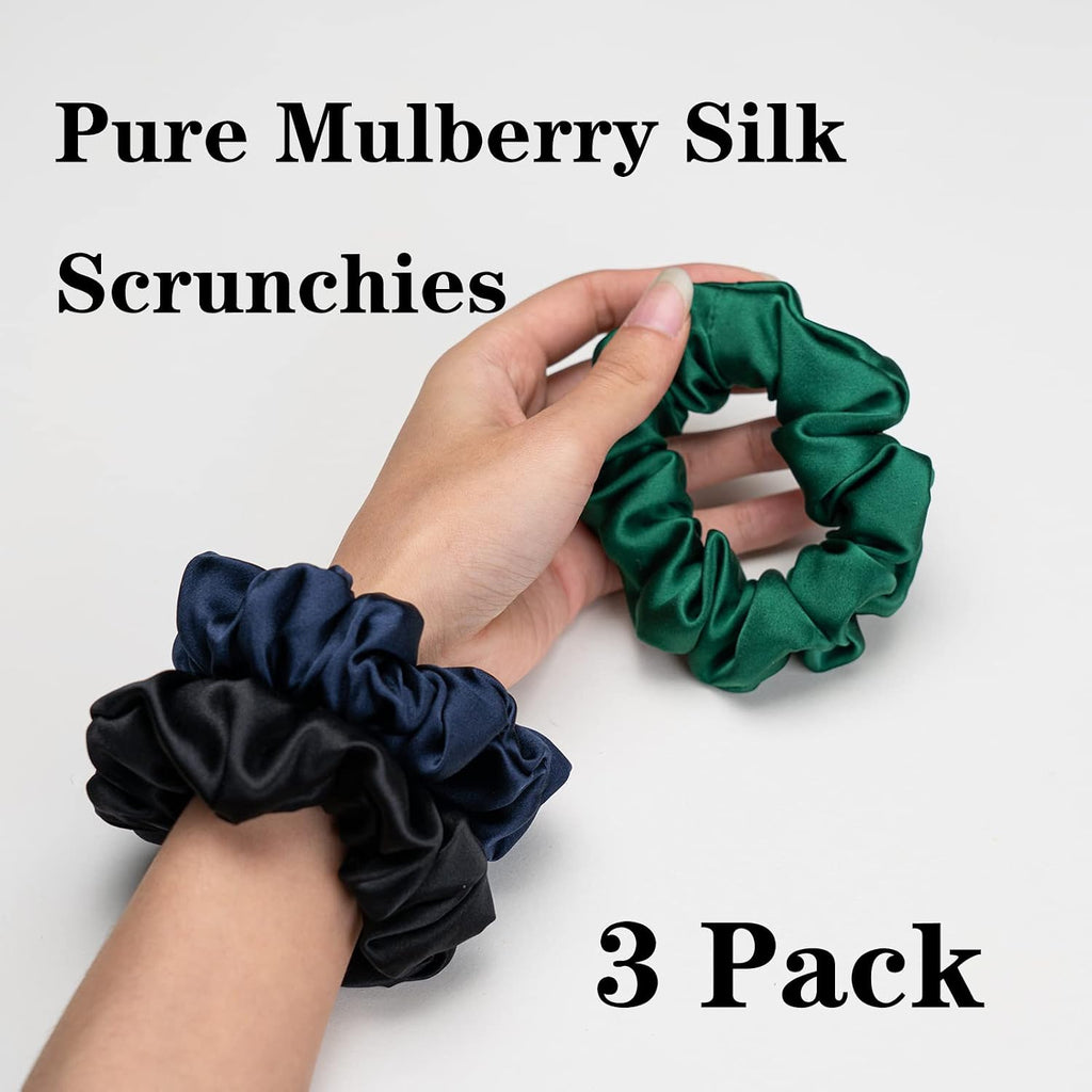 Silk Scrunchies for Hair 100% Mulberry Silk Hair Ties 3 Pack(Black, Navy Blue, Emerald)