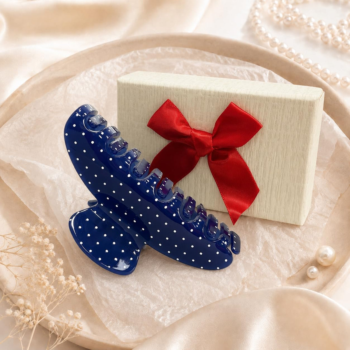 Acetate Hair Claw Clips for Women, Tortoise Shell or Polka Dot Large Hair Clips Strong Hold Hair Claws Gift Box Pack (Blue/Red-2pcs-1 gift box)