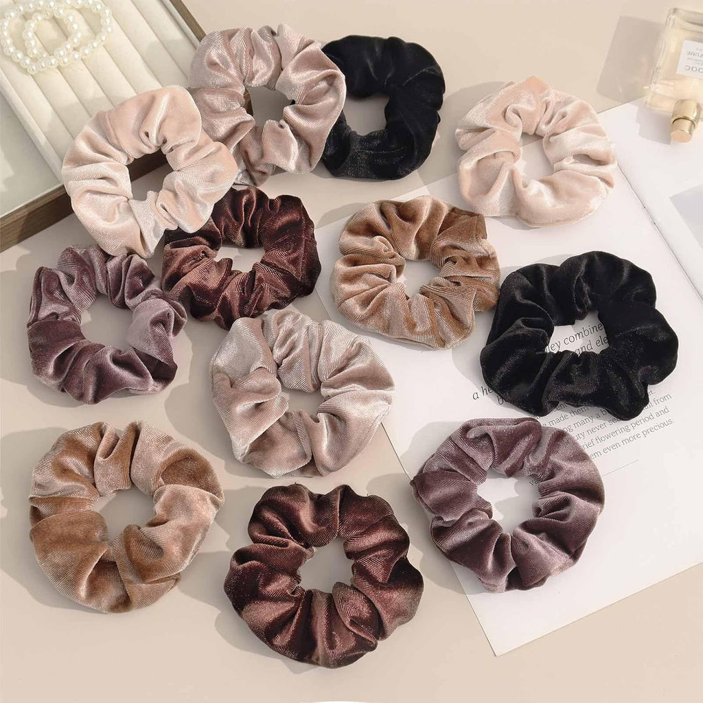 Scrunchies for Women, 12 Pcs Neutral Brown Tones Velvet Scrunchies - Classic Thick Elastic Hair Ties for a Soft Ponytail