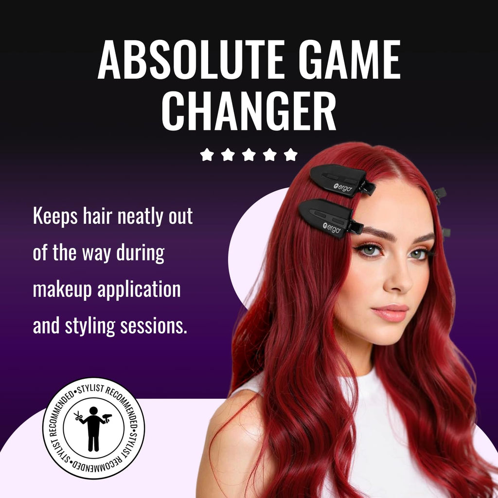 ERGO No-Crease Hair Clips – 4 Pcs Heat-Resistant Crimpless Clips for Hair Styling, Sectioning, Makeup | No Bend Clips for Women, Curls, Bangs, Salon Use