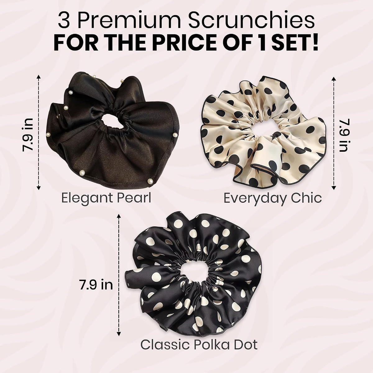 3 PCS 7.9 Inches Oversized Satin Scrunchies with Pearl and Polka Dot, Jumbo Large Hair Ties & Ponytail Holders for Women and Girls, Vintage Chic Extra Large Hair Accessories