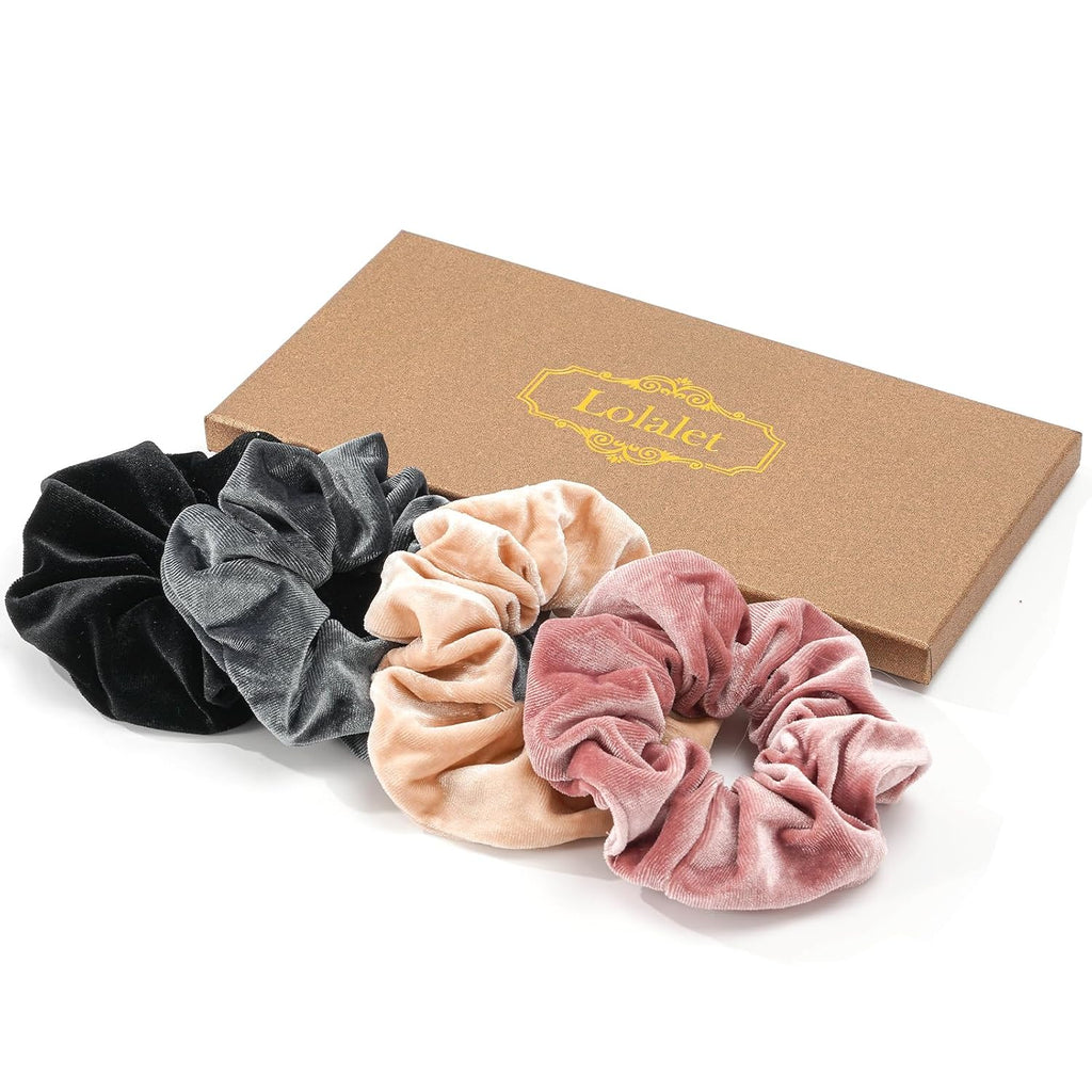 Lolalet Large Soft Velvet Scrunchies for Hair, Elastic Hair Bands Scrunchy for Women Girls, Ponytail Holder Hair Accessories Teens for Thick Curly Hair -4 Pack, Style A
