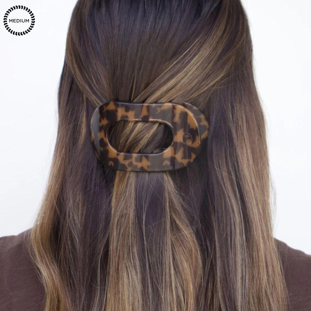 TELETIES - Medium Flat Round Clip - Strong Grip, Bendable Teeth, Comfortable Curved Design - For Lying Down, Yoga, Driving & More - Ideal for Medium-Thick Hair - For All Hair Textures - Tortoise