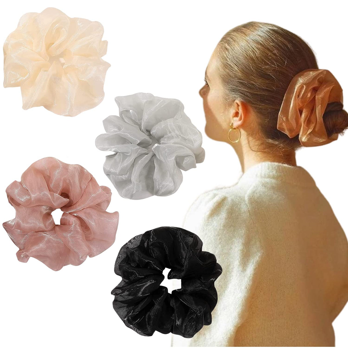 Cute Large Big Oversized Scrunchies for Women: Jumbo Chiffon Hair Ties for Sleeping, No Damage Hair Accessories for Thick Hair (6PCS)