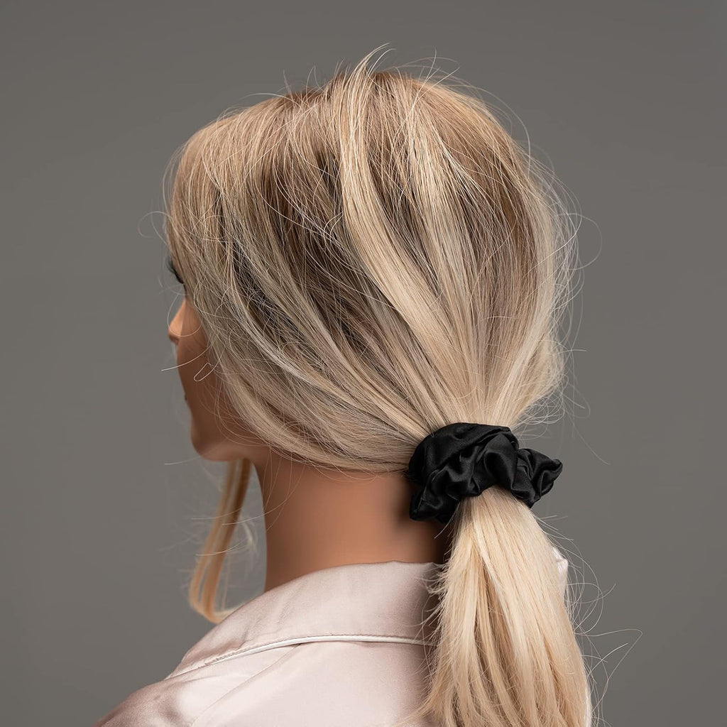 Silk Scrunchies for Hair 100% Mulberry Silk Hair Ties 3 Pack(Black, Navy Blue, Emerald)