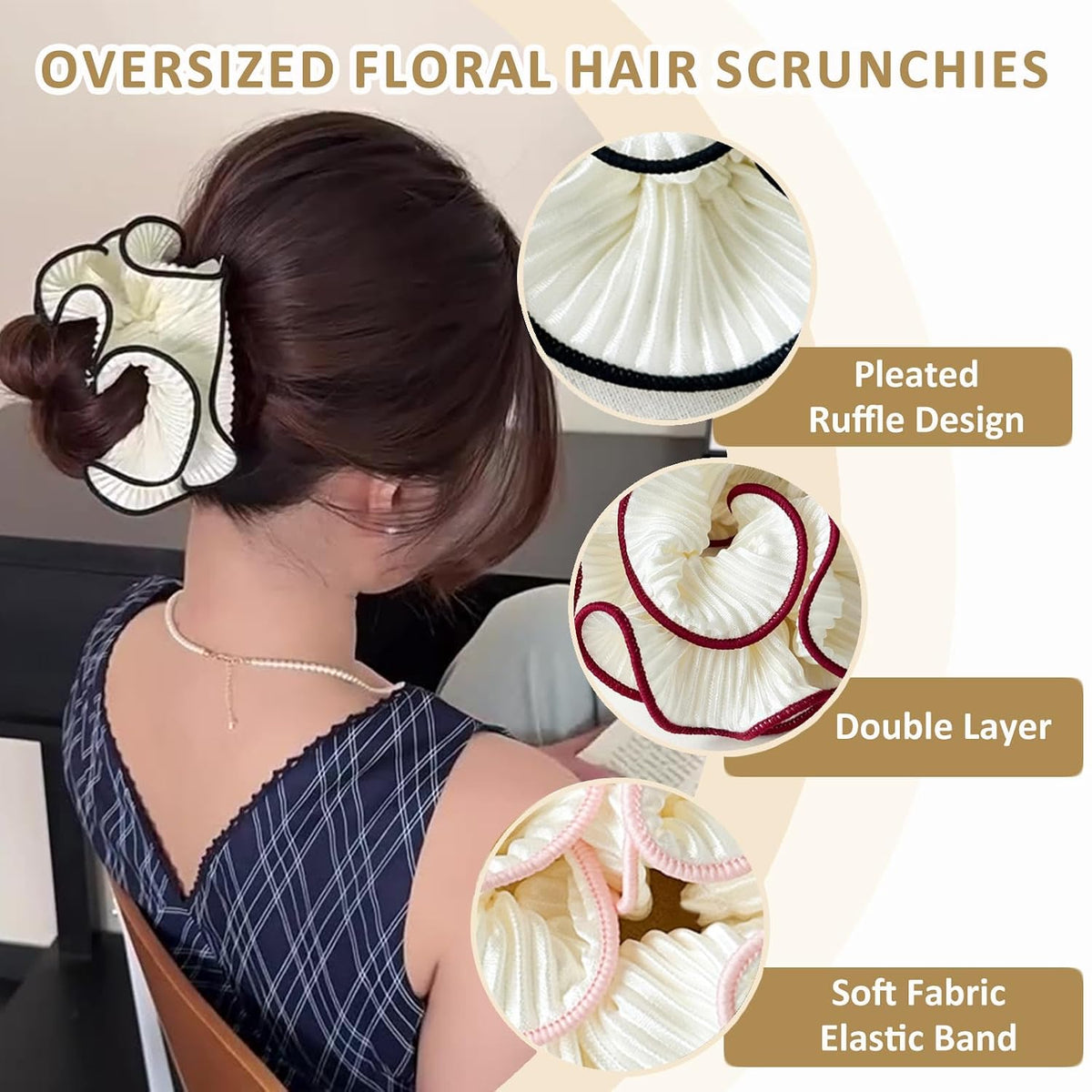 4 Pack Oversized Puffy Hair Scrunchies, 4.72 Inch Double Layer Pleated Ruffle Design, White with Colored Trim, Extra Large Hair Ties for Buns Ponytail Holders for Voluminous Look