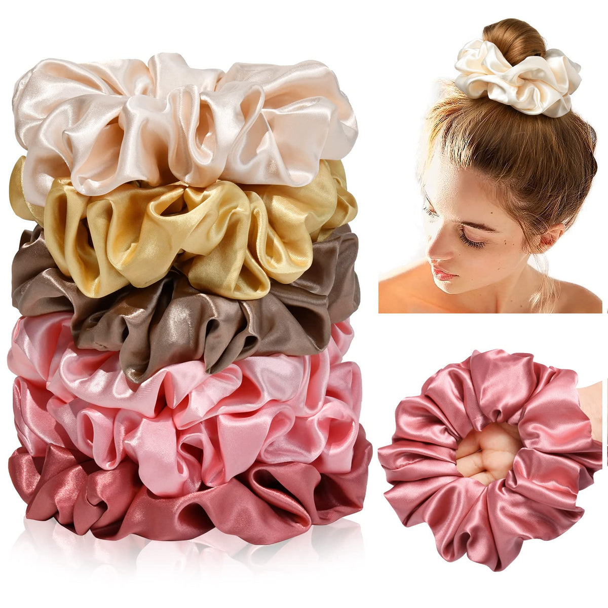 Black Big Scrunchies for Women 6.3Inches Large Scrunchie Satin Oversized Silk Thick Elastic Hair Ties Jumbo Hair Scrunchies 6 Pack (Black)