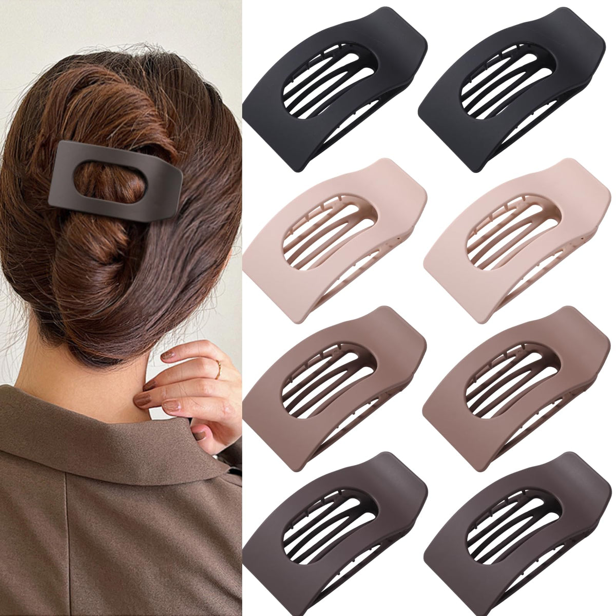 8 Pack Flat Hair Clips for Women – Large Matte Rectangle No-Slip Claw Clips, Strong Hold Square Hair Accessories for Thick & Thin Hair, Lay Flat Design for Work & Daily Styling