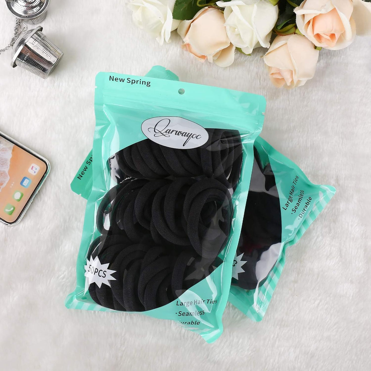 50PCS Black Hair Ties for Women, Cotton Seamless Hair Bands, Elastic Ponytail Holders, No Damage for Thick Hair, 2 Inch in Diameter, by Qarwayoc