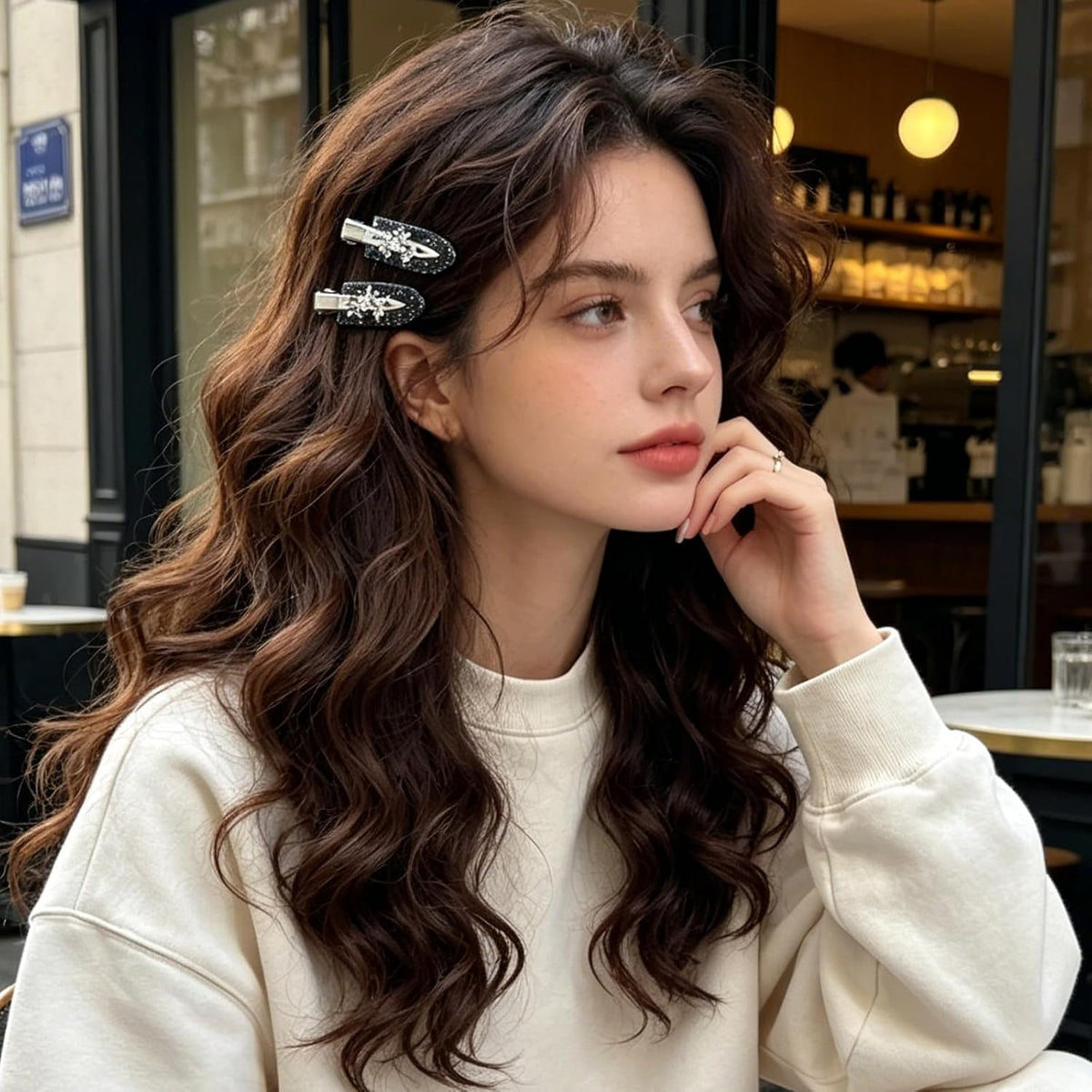 4Pcs Black Sparkly Rhinestone Star Creaseless Hair Clips, No Bend Black Glitter Barrettes, Sparkly No Crease Makeup Clips for Women Styling & Daily Wear