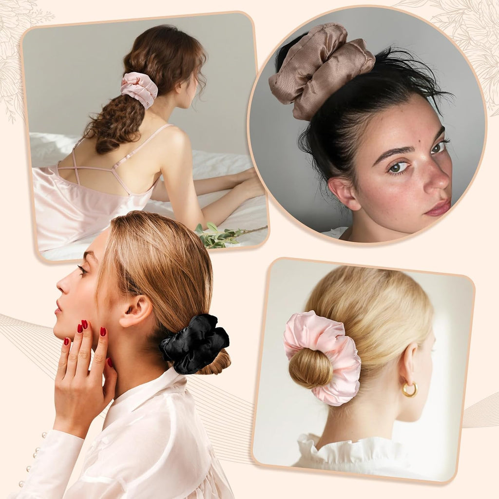 4Pcs Large Satin Hair Scrunchies, Big Pillow Scrunchies for Women Girls Silk Sleepy Scrunchie Ponytail Holders for Thick Hair