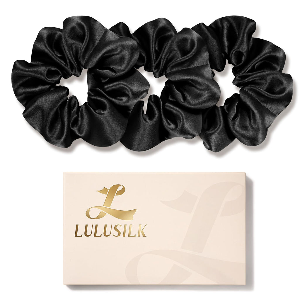 LULUSILK Silk Scrunchies for Hair Sleep, 100% Real Mulberry Silk, No Damage Hair Ties for Women and Girls, Classic Black, Pack of 3