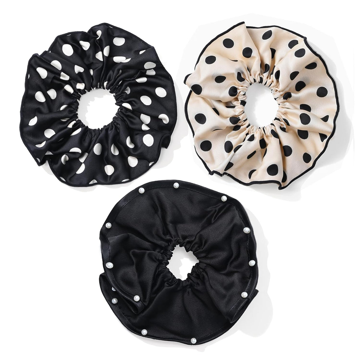 3 PCS 7.9 Inches Oversized Satin Scrunchies with Pearl and Polka Dot, Jumbo Large Hair Ties & Ponytail Holders for Women and Girls, Vintage Chic Extra Large Hair Accessories