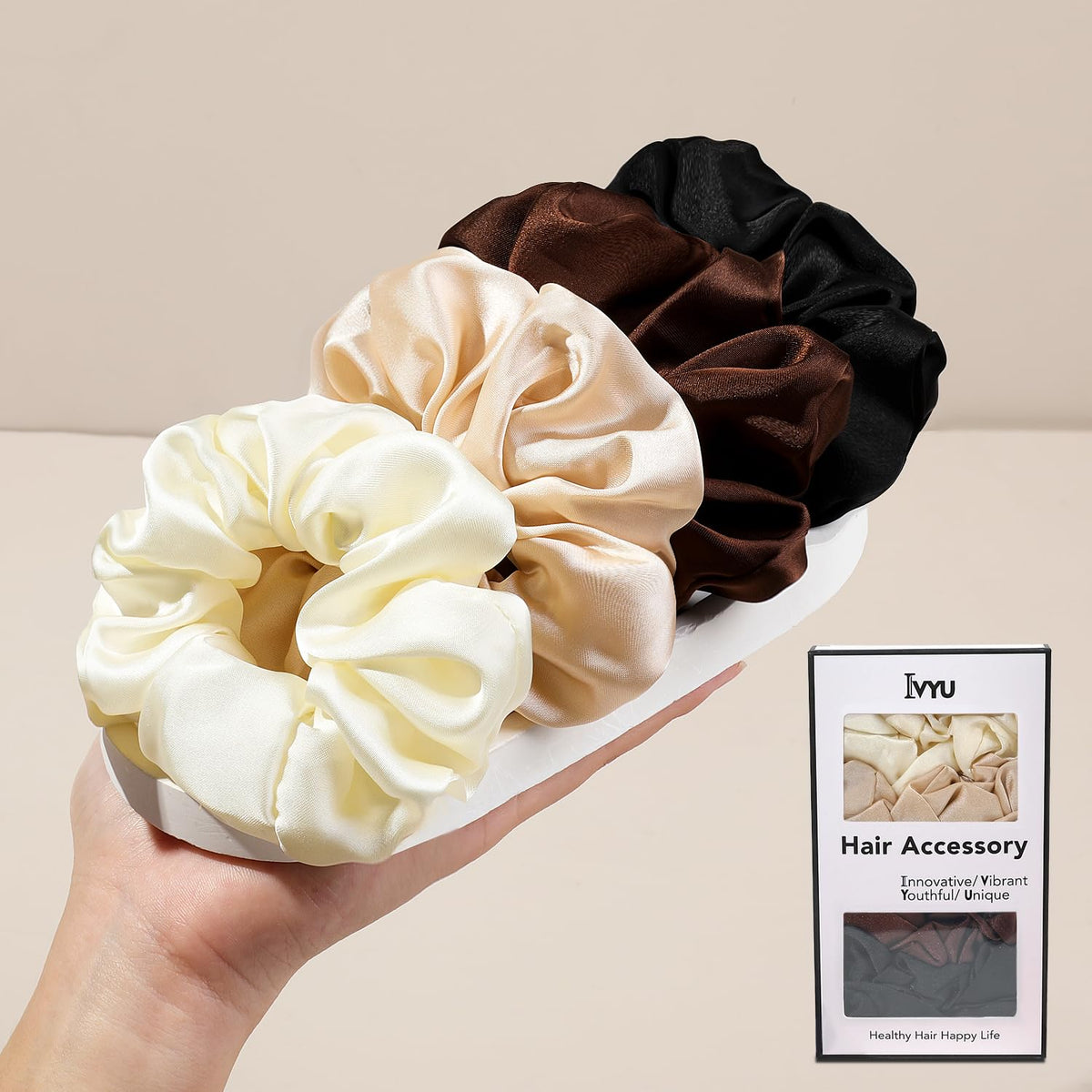 Ivyu Scrunchie, Big Cotton Scrunchies for Women's and Girls, Brown Service, 4 Count, for All Hair Types, No Crease or Damage