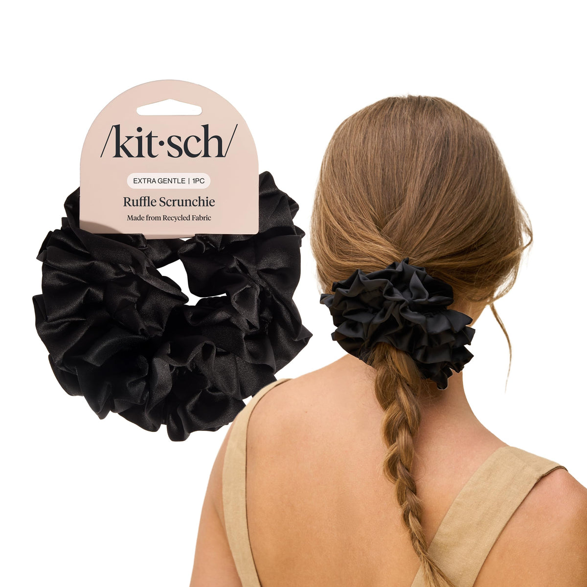 Kitsch Recycled Satin Oversized Scrunchies - Black & Chocolate, 2pcs