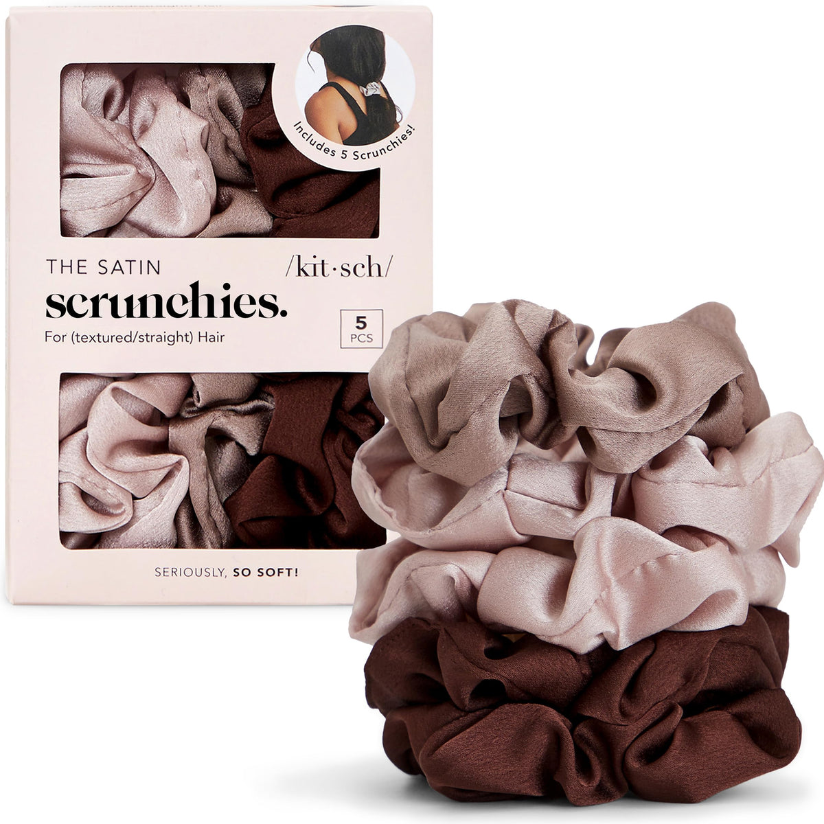 Kitsch Pillow Satin Scrunchies for Women -Blush/Charcoal, 2pcs