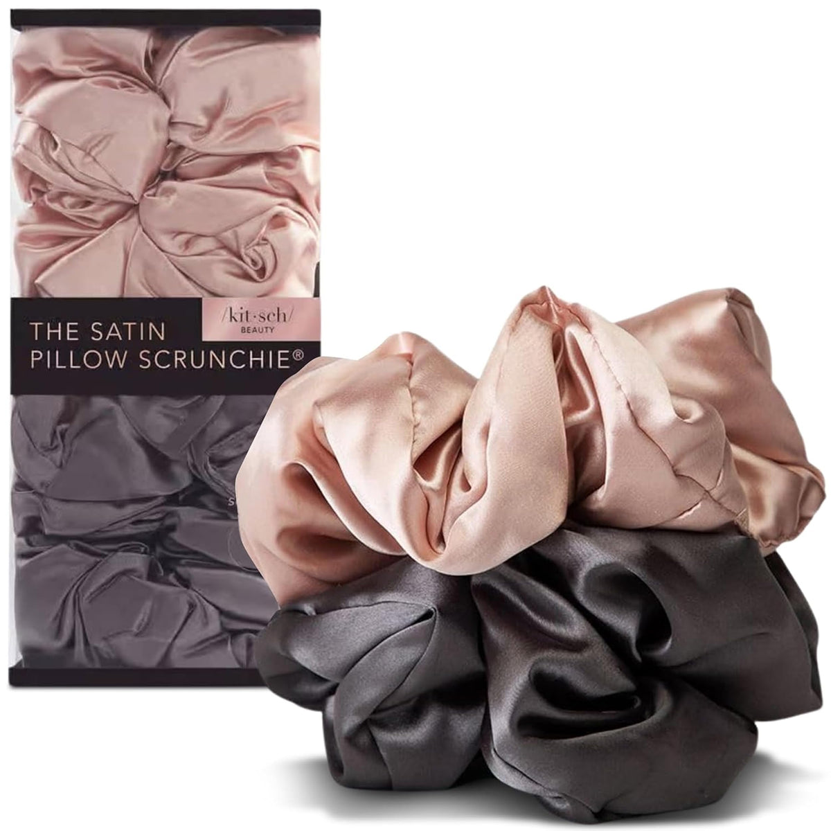 Kitsch Recycled Satin Oversized Scrunchies - Black & Chocolate, 2pcs