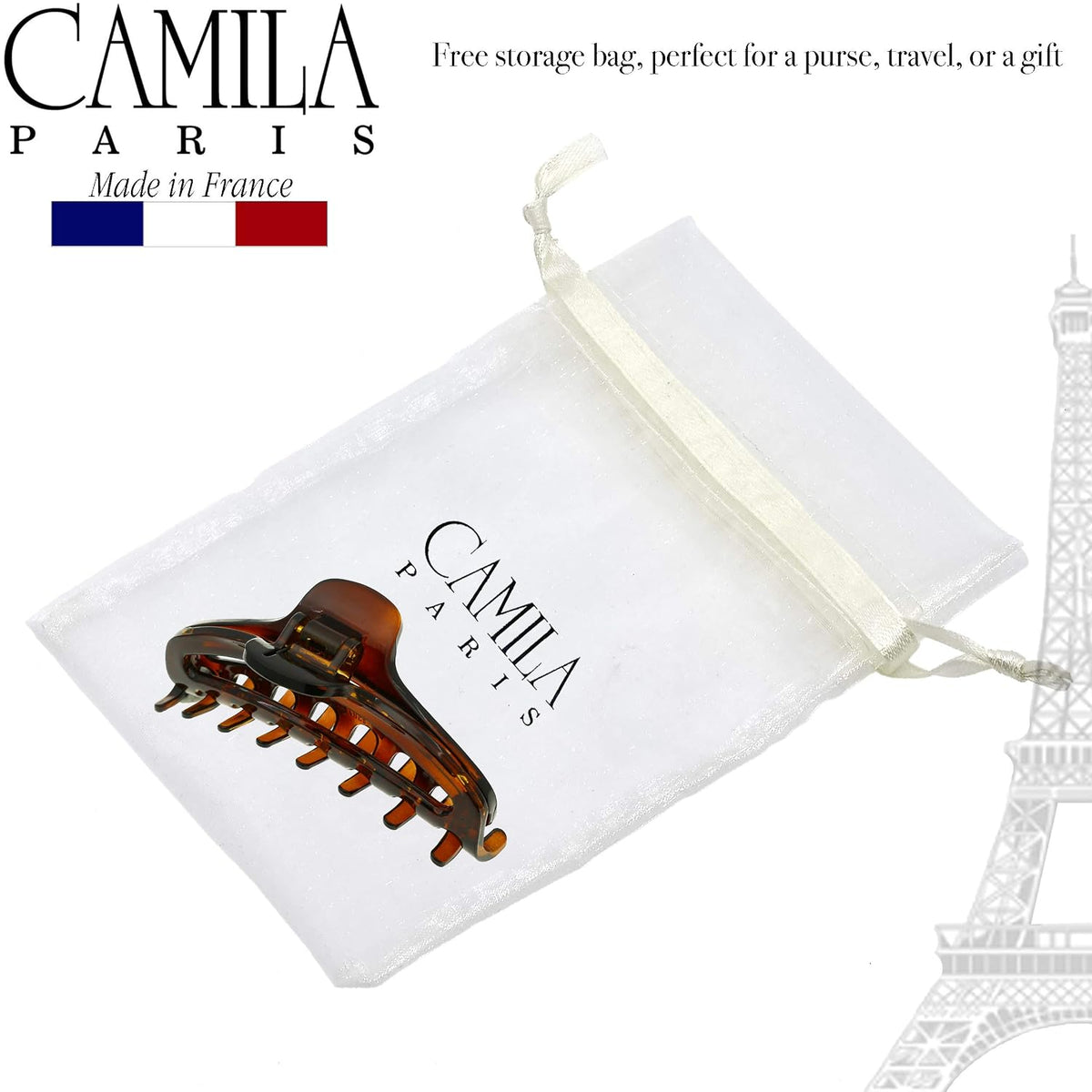 Camila Paris CP2370 French Hair Clips for Women, 3.5" Medium Claw Clip Strong Hold All Day, Girl Large Claw Clips for Thick Hair, No Damage No Slip Flat Clip for Women. Made in France