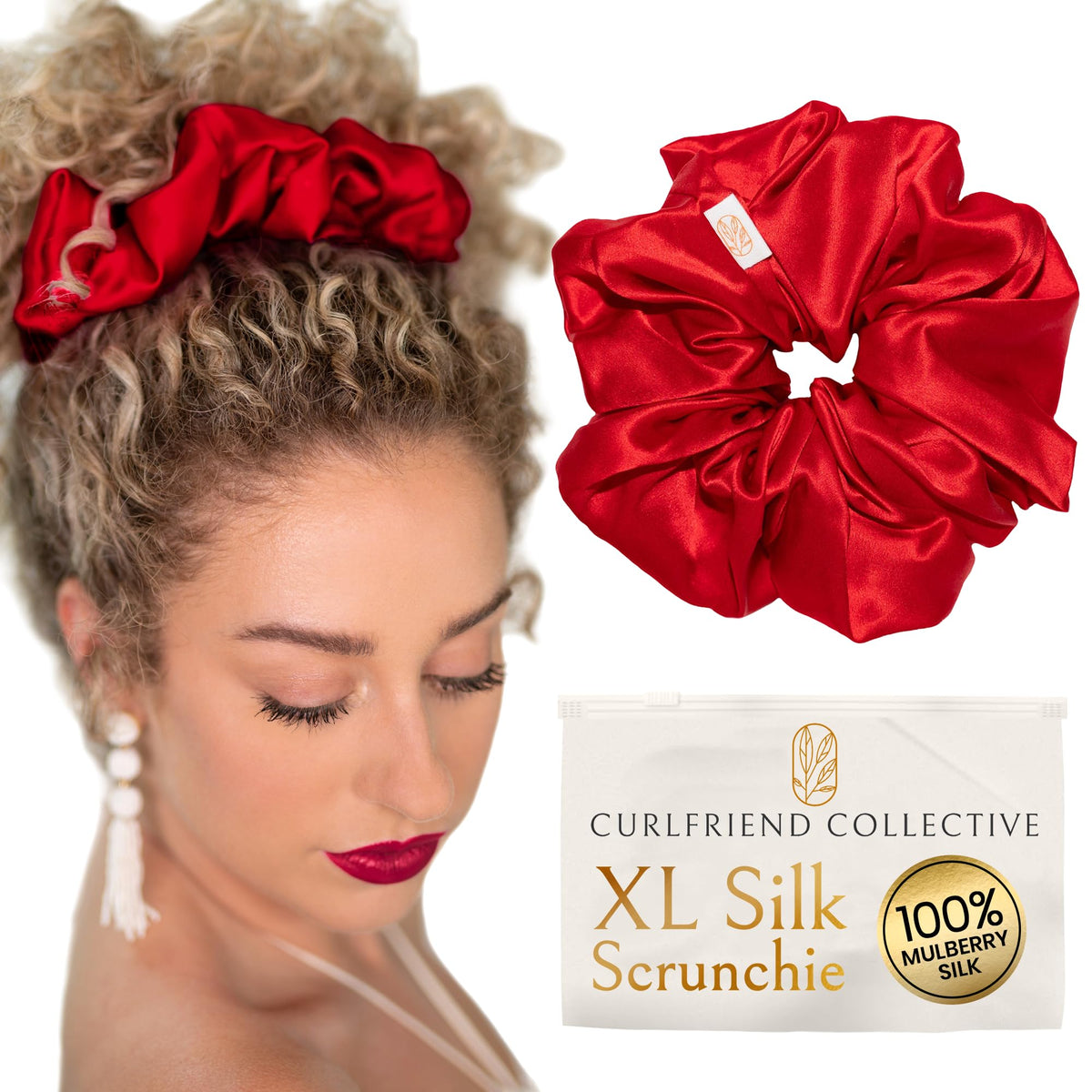 Curlfriend Oversized Mulberry Silk Scrunchies for Women, XL, Hot Pink Peony