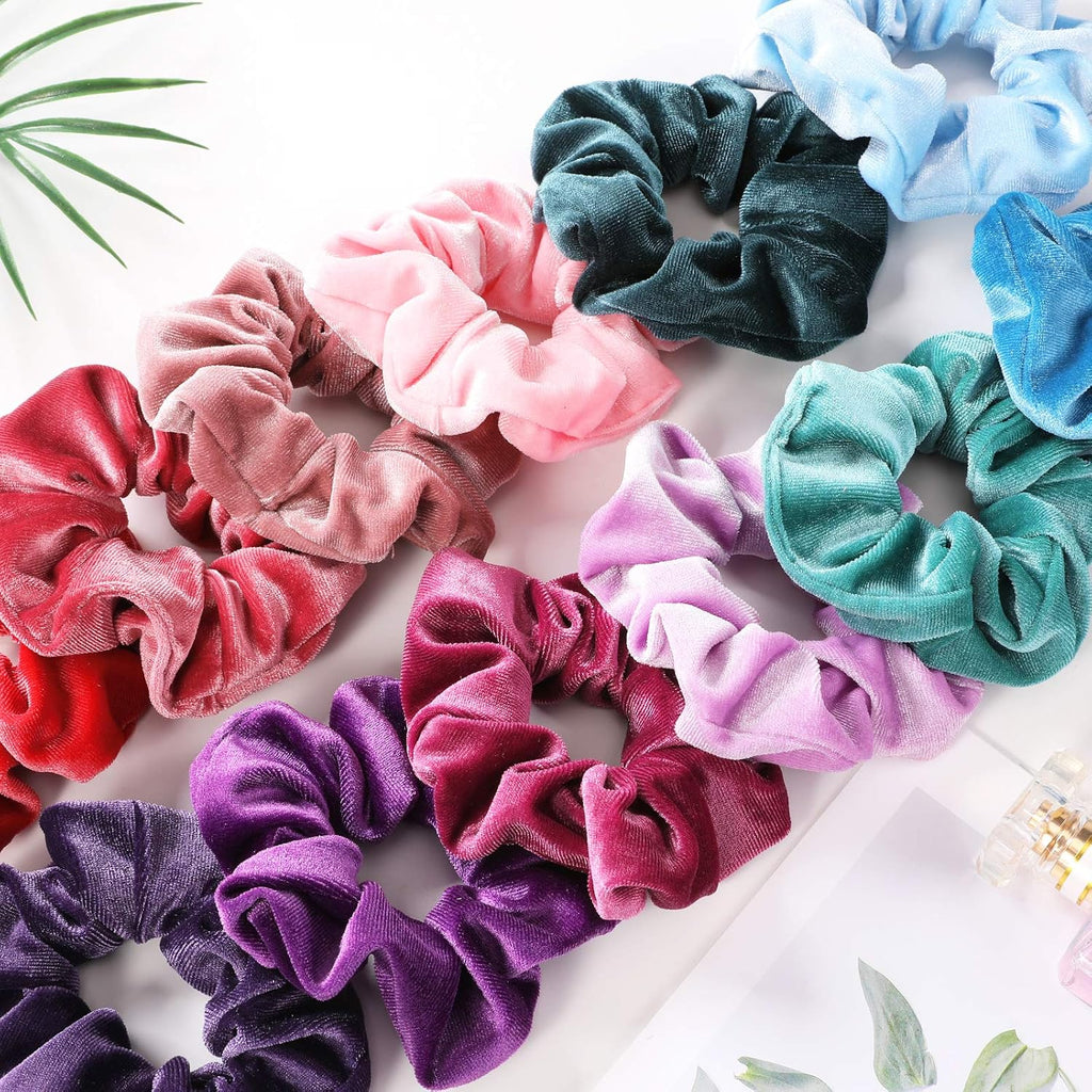 IVARYSS Velvet Scrunchies for Women, 12 Pcs Dark Colors Classic Elastic Thick Scrunchy Bands Ties, Soft Ropes Ponytail Holder Hair Accessories