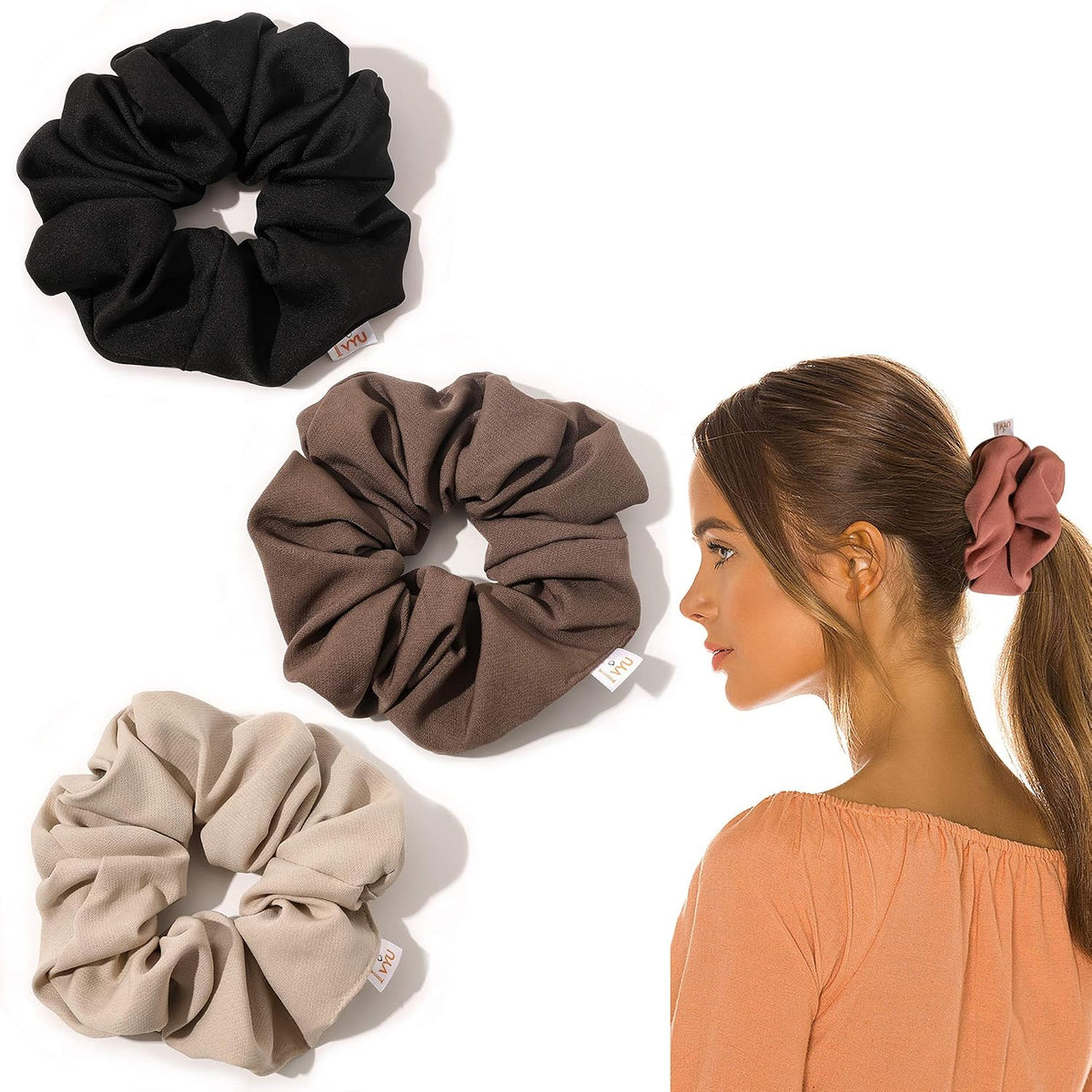 Ivyu Scrunchies Hair Ties, Big Large Scrunchie for Girls Women, Cute Hairties Jumbo Scrunchy For Thick Curl Hair No Crease Hair Accessories Soft Ropes Ponytail Holder, 4 Count, Black, Brown, Beige