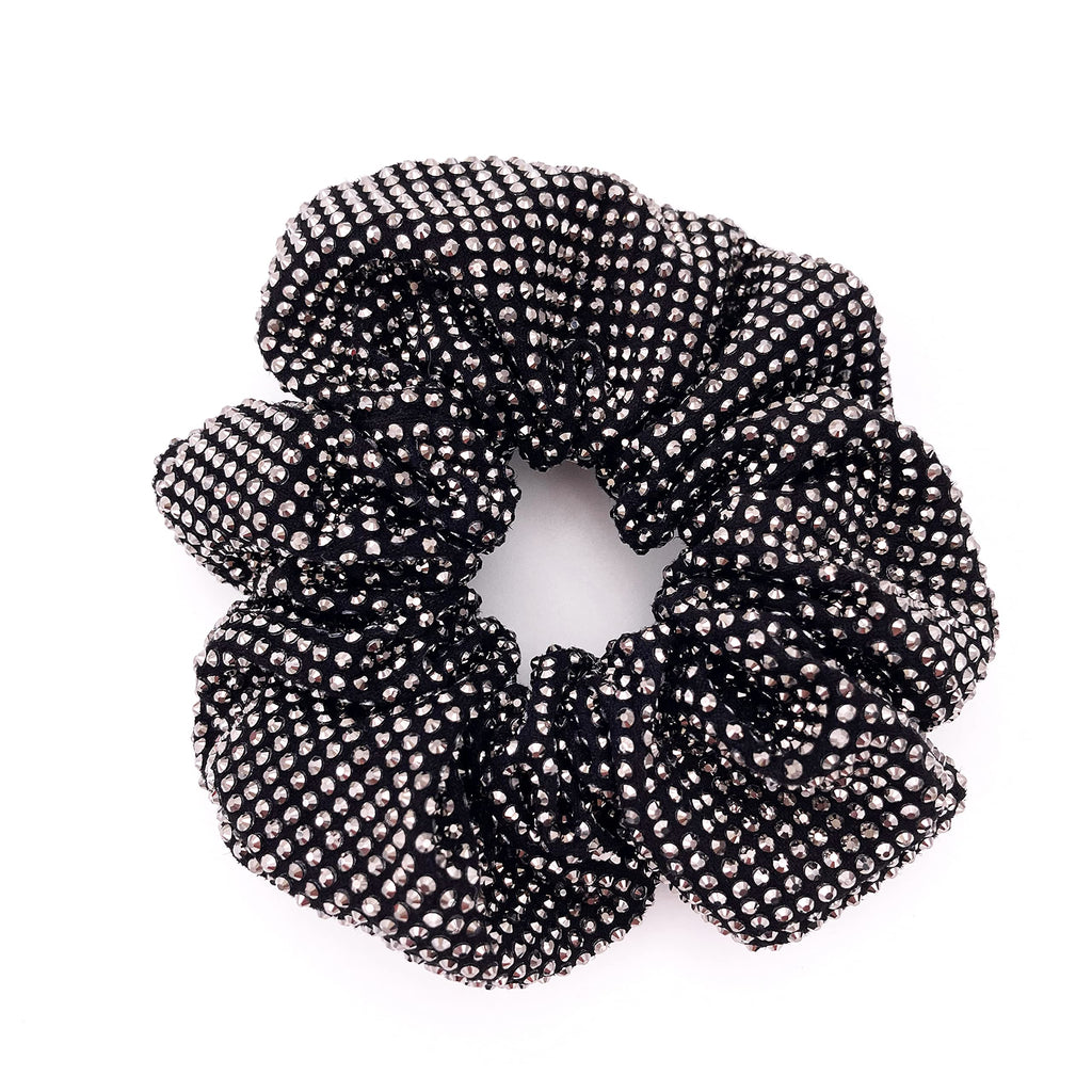 Embellished Sparkly Black Crystal Scrunchie Hair Tie Ponytail Holder Accessory for Women