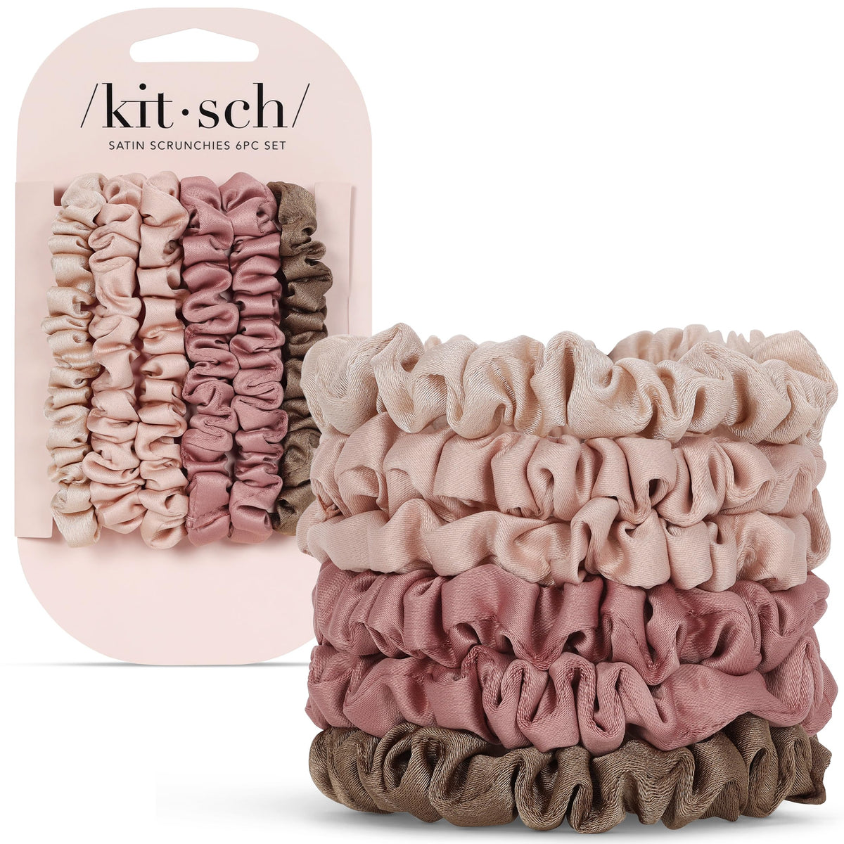 Kitsch Pillow Satin Scrunchies for Women -Blush/Charcoal, 2pcs